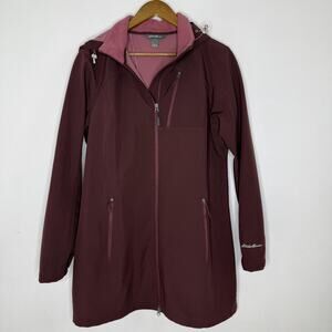 Eddie Bauer Jacket Womens XL Burgundy Softshell Hooded Fleece Lined Long Coat